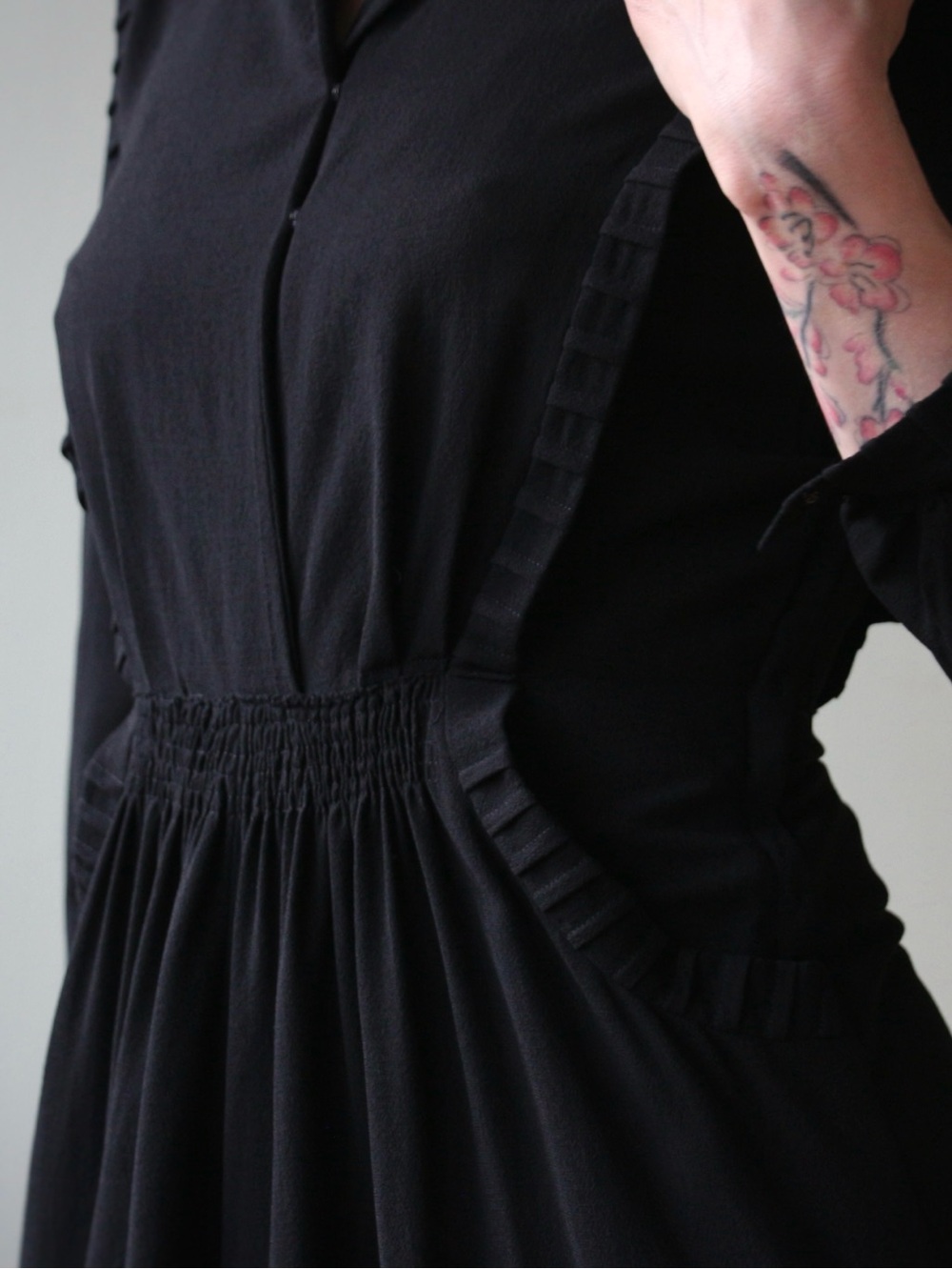 1930's Wool Crepe Little Black Day Dress - Picture 7 of 10